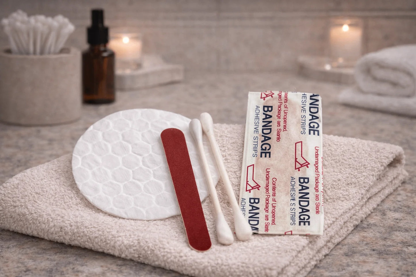 Bandage, bandage strip, and nail file on a towel with candles and a bottle in the background
