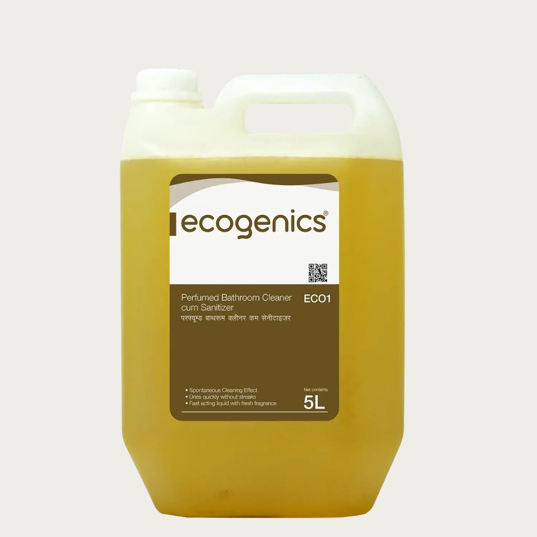 A 5L plastic jerrycan of ecogenics Germ Sanitizer, filled with a yellowish-amber liquid, featuring a white and brown label, on a light gray background.
