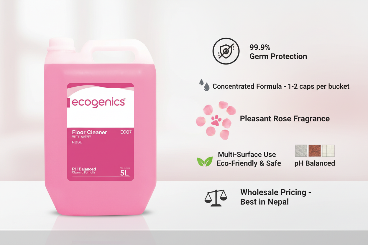 Pink bottle of ecogenics floor cleaner with product features on a white background