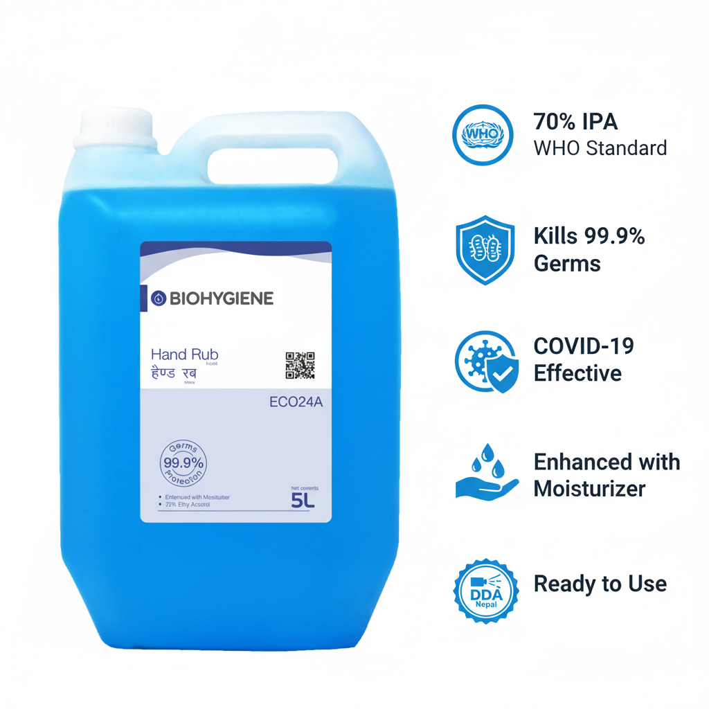 Blue container of BioHygiene hand rub with certification icons on a white background