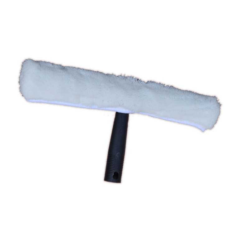 Kibble window washer with soft microfiber cleaning head attached to handle for washing large glass windows