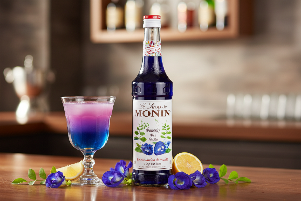 Bottle of Monin blueberry syrup with a colorful cocktail and lemon on a bar counter.