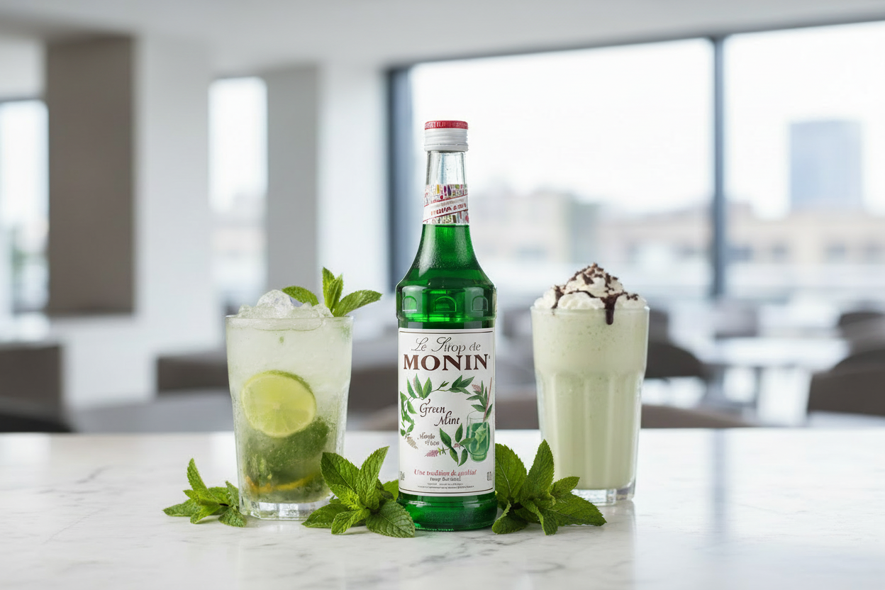 Monin mint syrup bottle with two cocktails on a table