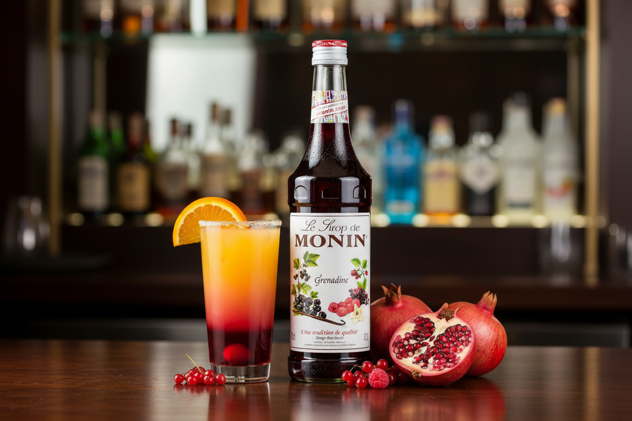 Monin Grenadine Syrup 1L glass bottle vibrant deep red pomegranate blackcurrant raspberry premium French syrup Tequila Sunrise Shirley Temple cocktails mocktails bar essential Nepal wholesale Kathmandu HORECA bars restaurants