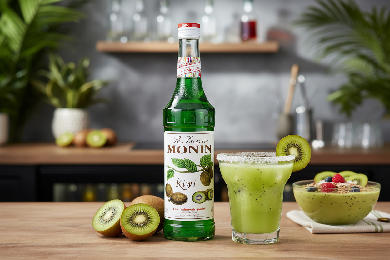 Monin Kiwi syrup bottle with a green smoothie and kiwis on a wooden table.