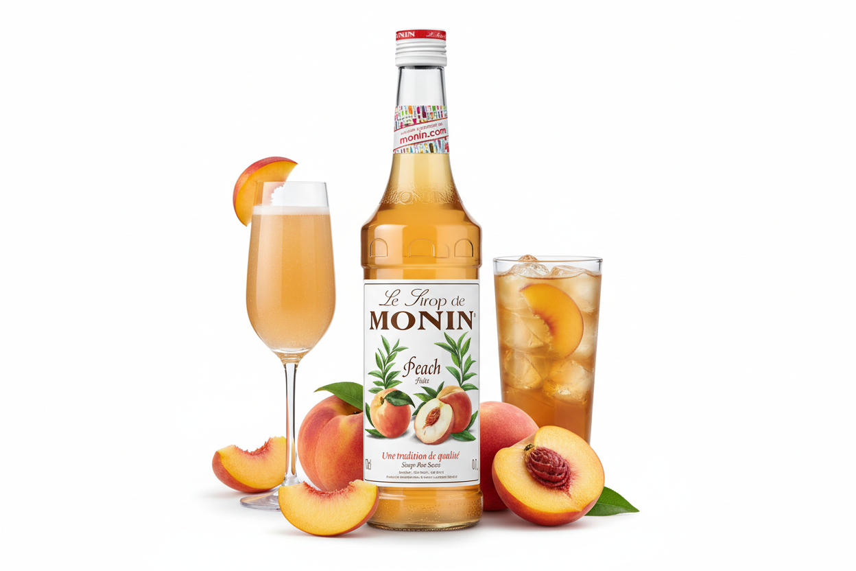 Monin Peach syrup bottle with peach slices and drinks on a white background