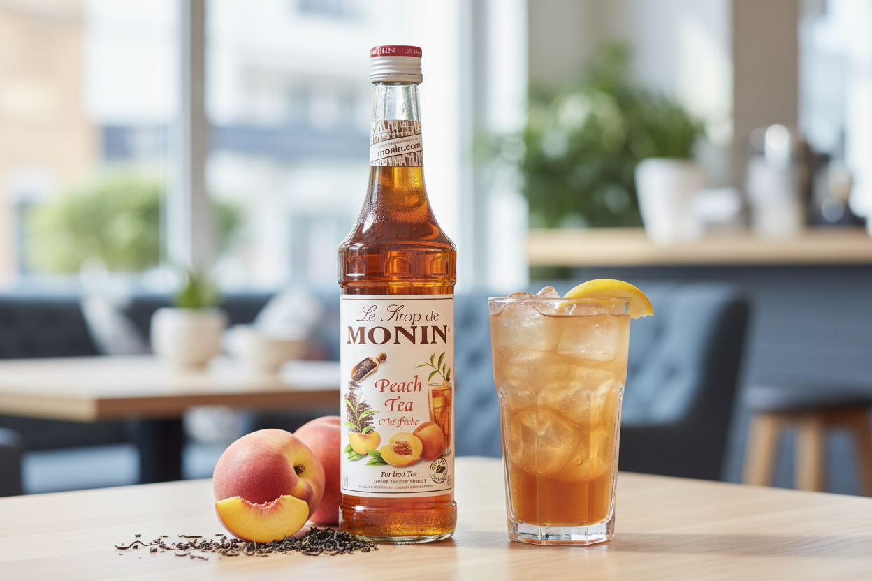 Monin Peach Tea syrup bottle with a peach tea drink and peaches on a table.