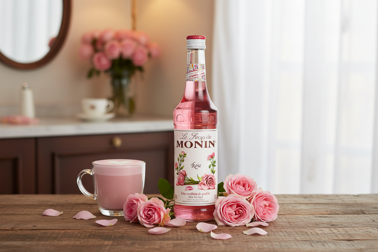 Monin syrup bottle with pink flowers and a cup of pink drink on a wooden table.
