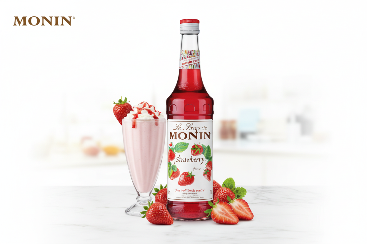 Monin Strawberry Syrup 700ml glass bottle vibrant red sweet ripe strawberry premium French syrup strawberry milkshakes smoothies cocktails family-friendly Nepal wholesale Kathmandu HORECA ice cream parlors juice bars cafes