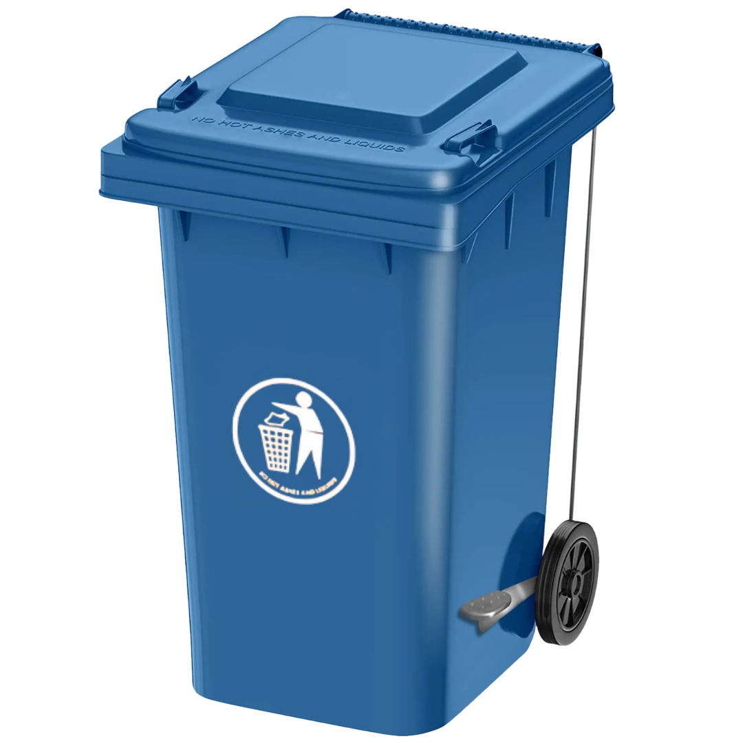 120 liter wheeled paddle dustbin with foot pedal for mobile hands-free waste collection in commercial facilities