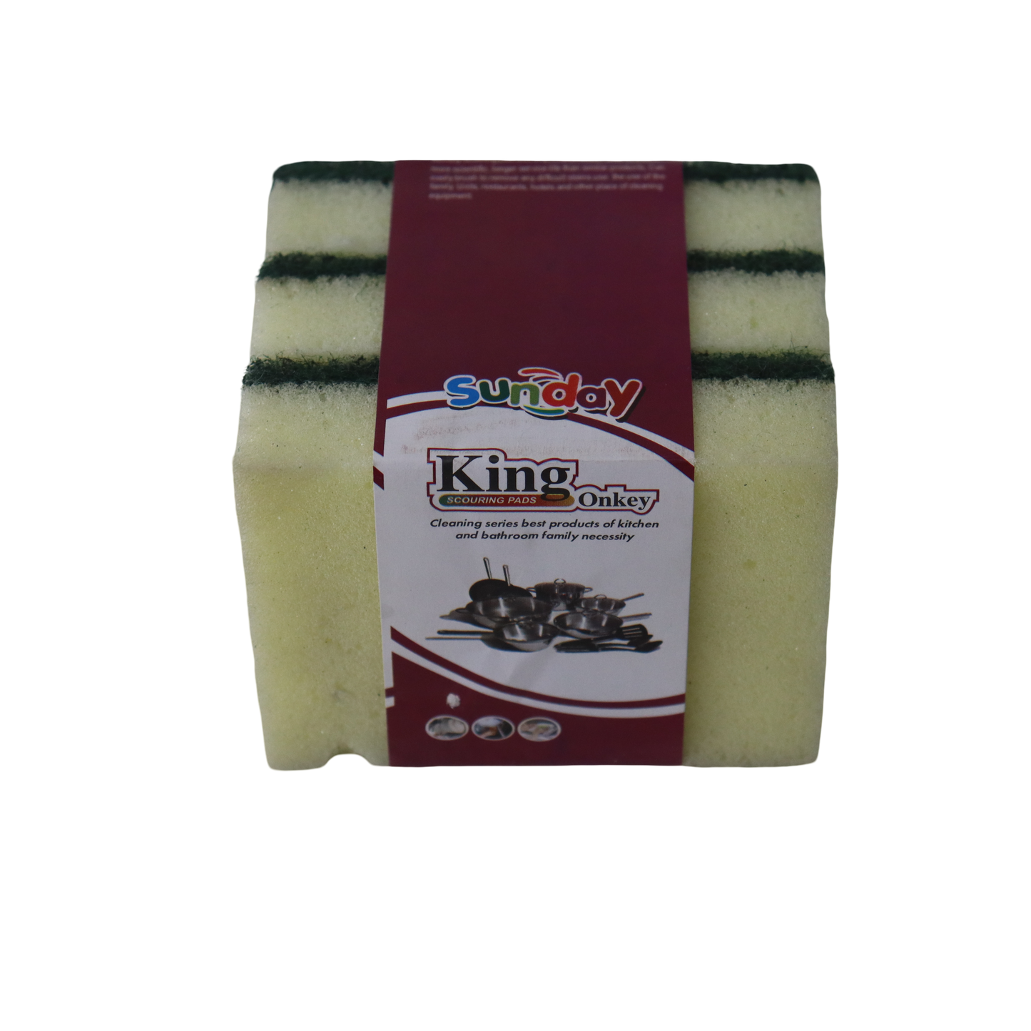 Scouring pad with abrasive surface for removing burnt-on food grease and stubborn stains from pots pans and kitchen equipment