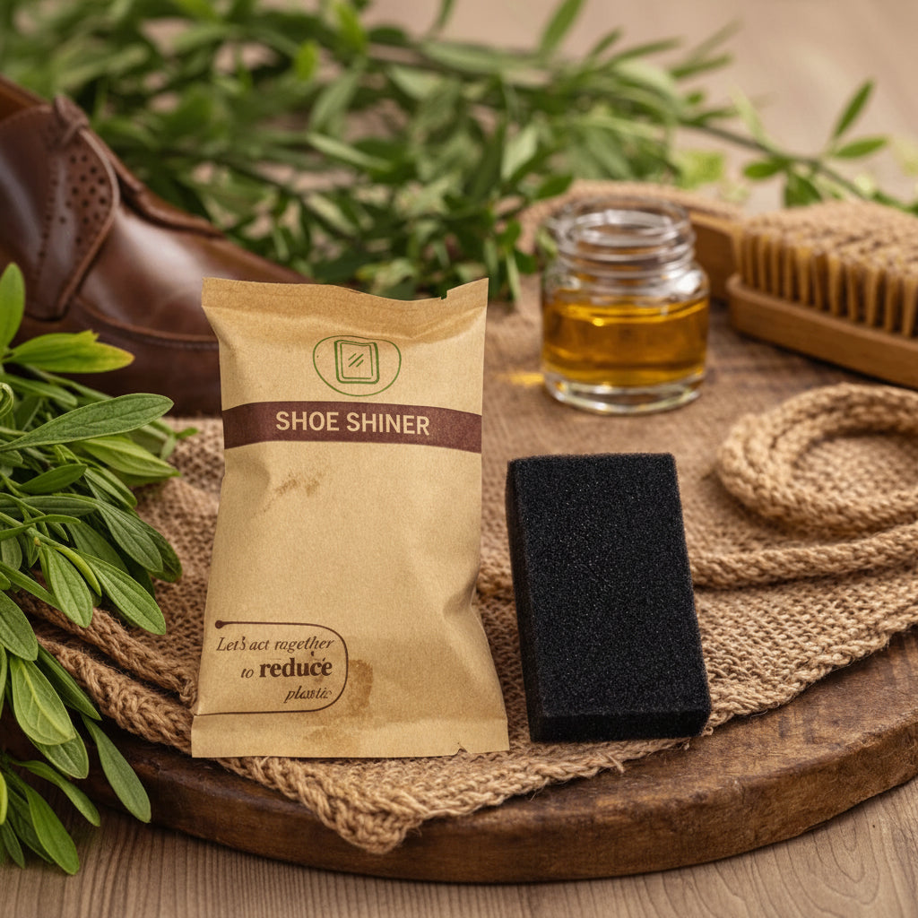 Shoe shining kit with a packet, brush, and jar on a wooden surface.