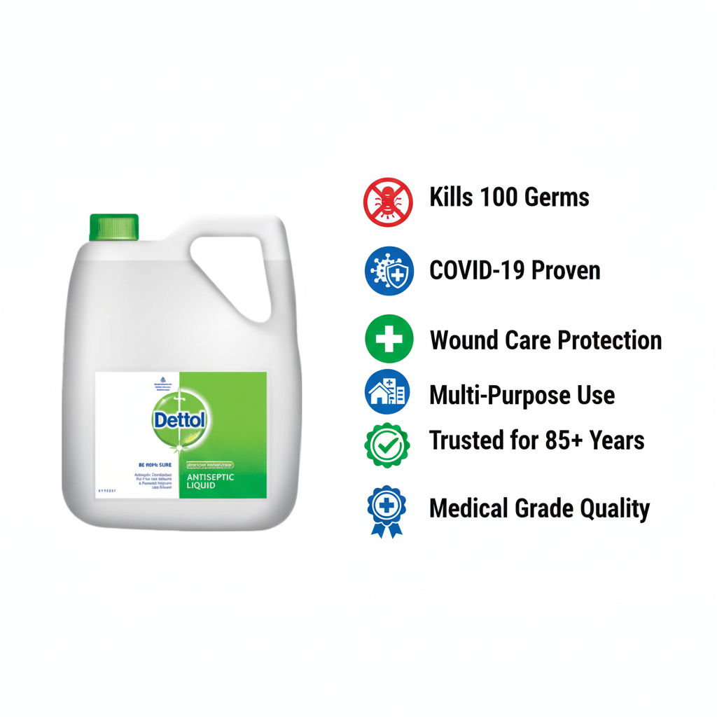 Dettol antiseptic liquid bottle with product features on a white background