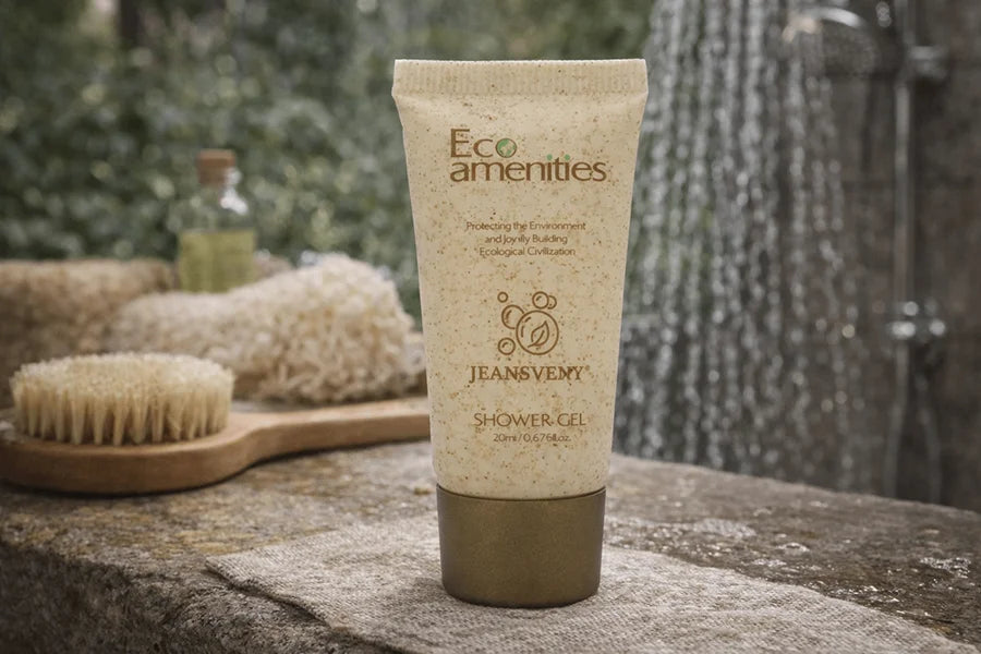 Tube of Eco Amenities shower gel on a stone surface with natural elements in the background