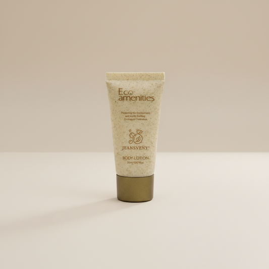 Tube of Jeanveny body lotion on a beige background