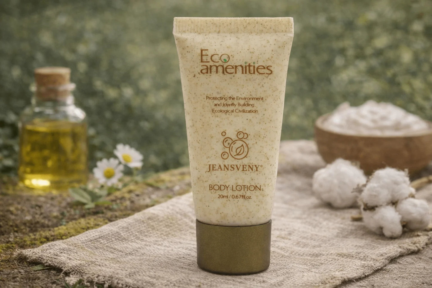 Body lotion tube with 'Eco Amenities' branding on a natural setting with cotton and oil.