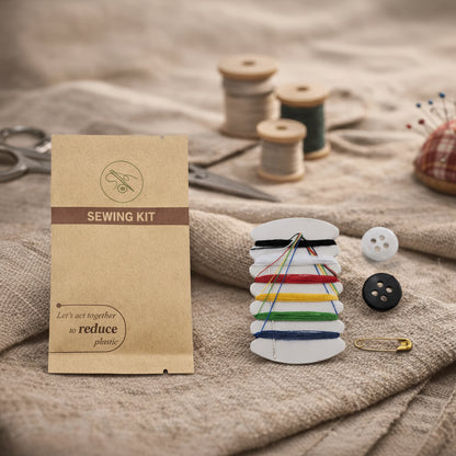 Sewing kit with colorful buttons and a cardboard packaging on a textured fabric background.