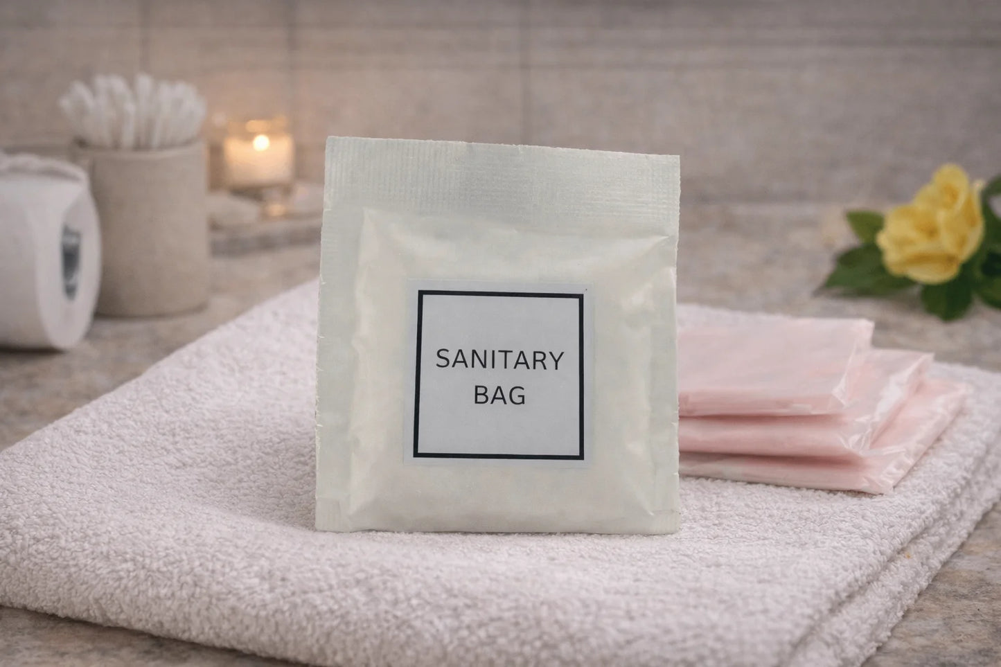 Sanitary bag packaging on a towel with bathroom items in the background