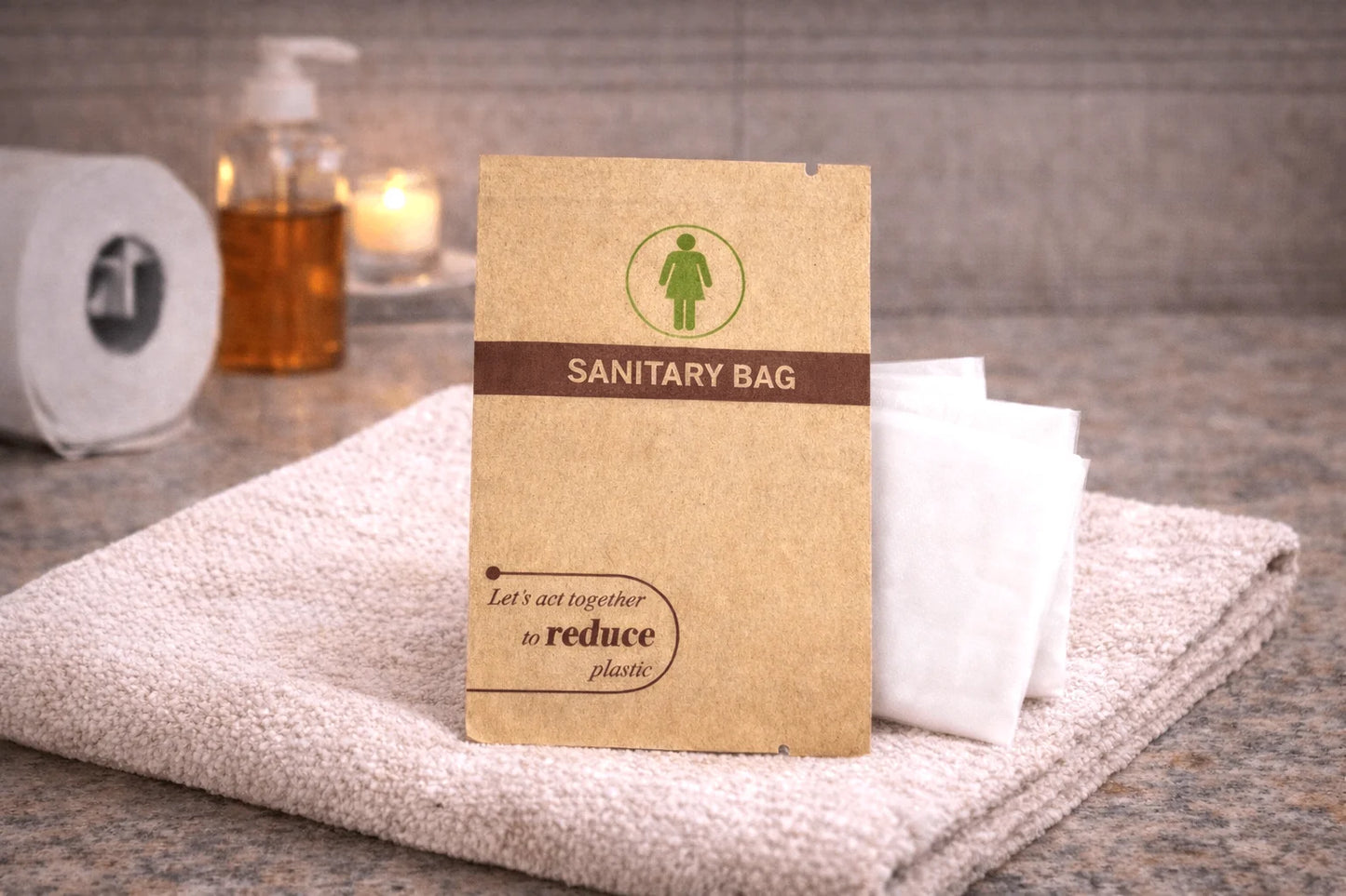 Sanitary bag packaging with a cardboard box on a towel