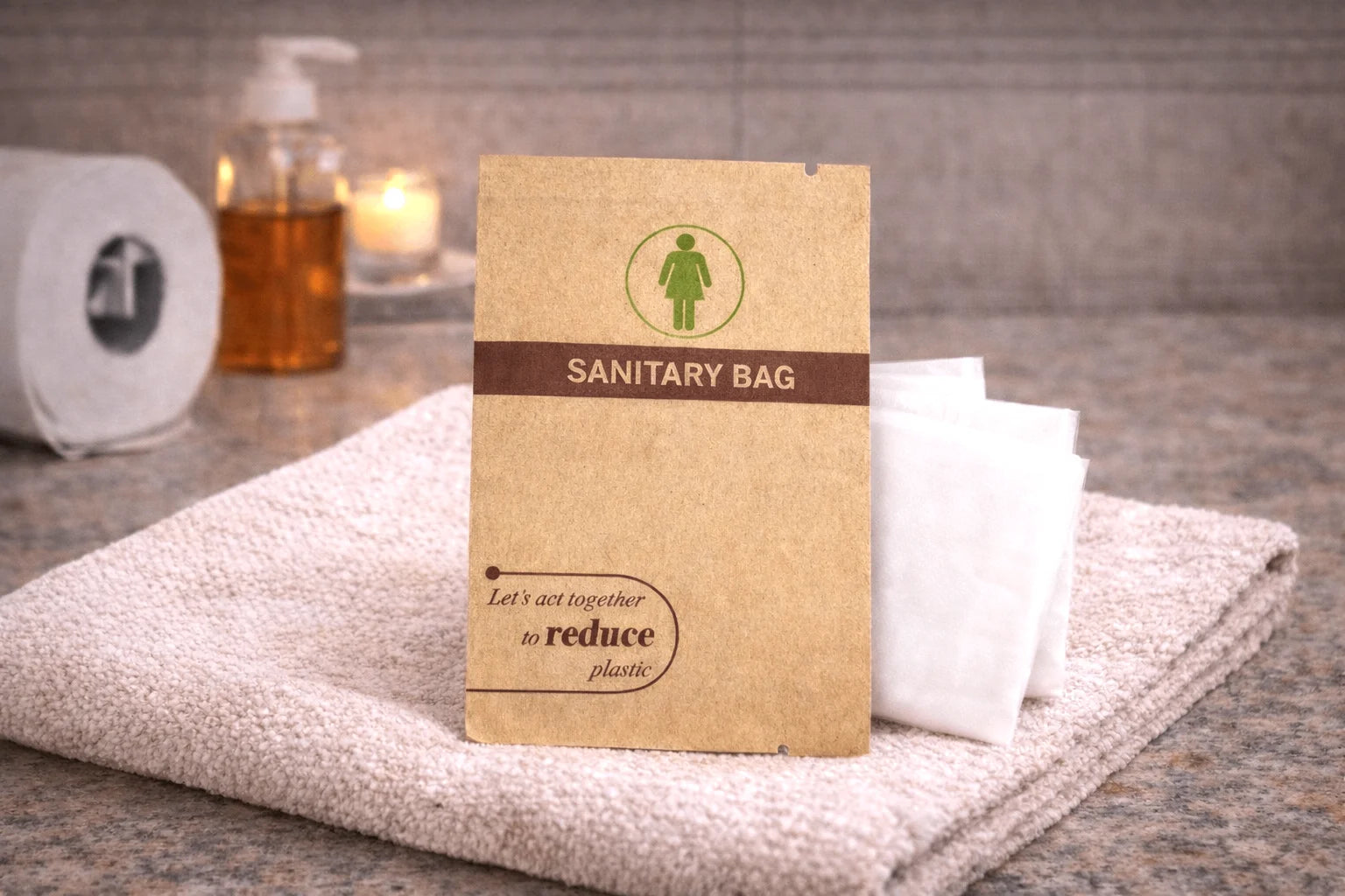 Sanitary bag packaging with a cardboard box on a towel