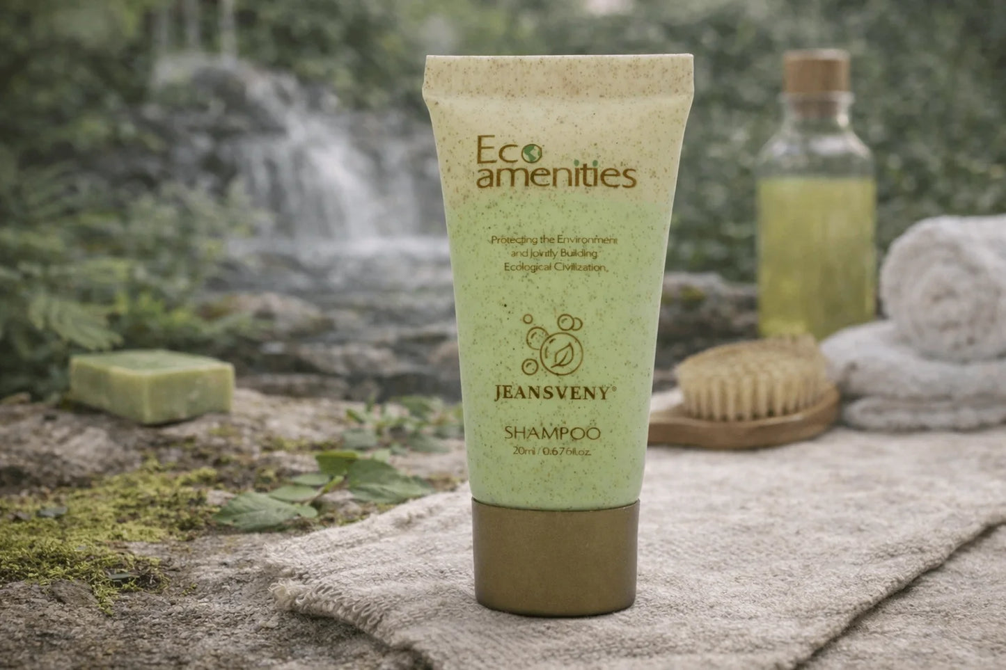 Tube of JEANSVENY shampoo with natural setting