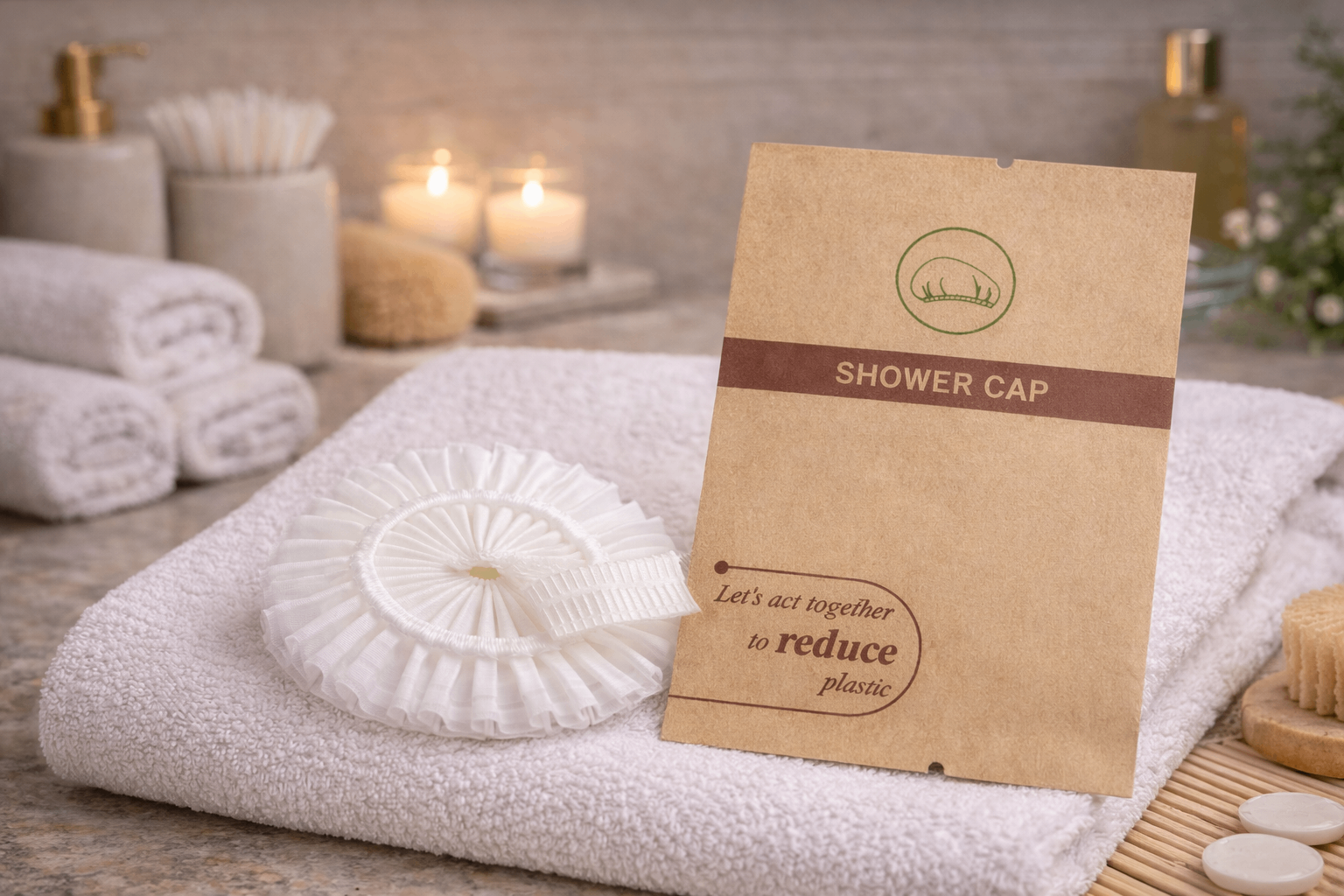 Shower cap on a towel with a cardboard box labeled 'Shower Cap' in a bathroom setting.