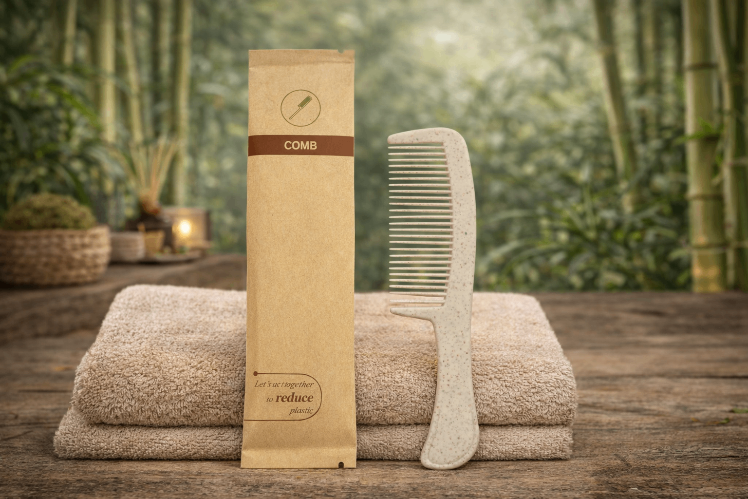 Beige comb and folded towels on a wooden surface with a bamboo background