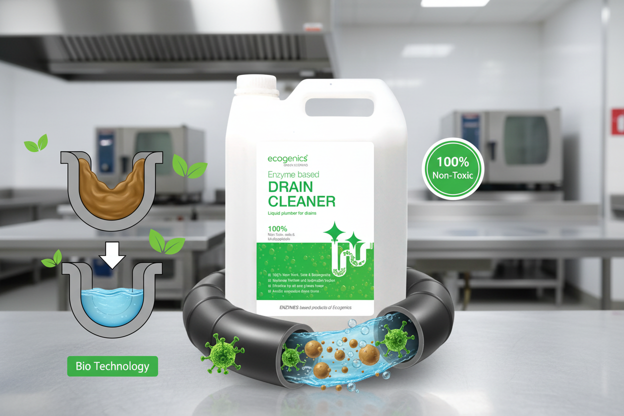 Enzyme-based drain cleaner removing grease and oil from commercial kitchen grease traps and drain lines