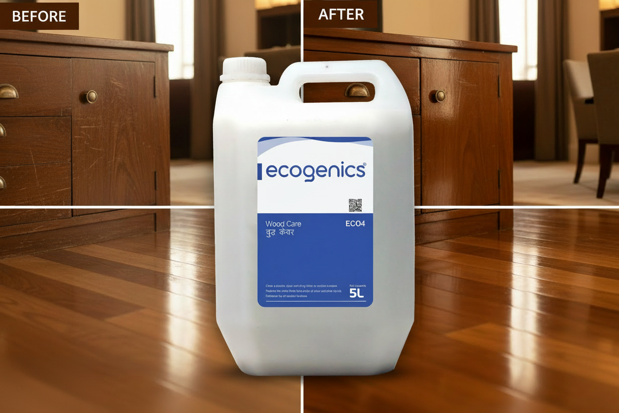 Container of ecogenics on a polished wooden floor with 'Before' and 'After' comparison.