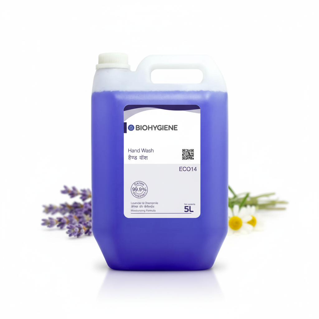 Blue container of Biohygiene hand wash with lavender and rosemary leaves on a white background