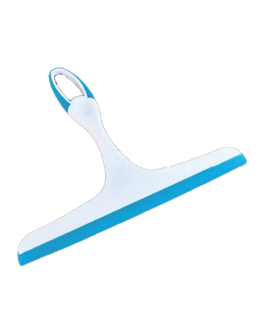 Glass wiper with rubber blade and handle removing water from large window creating streak-free transparent glass surface