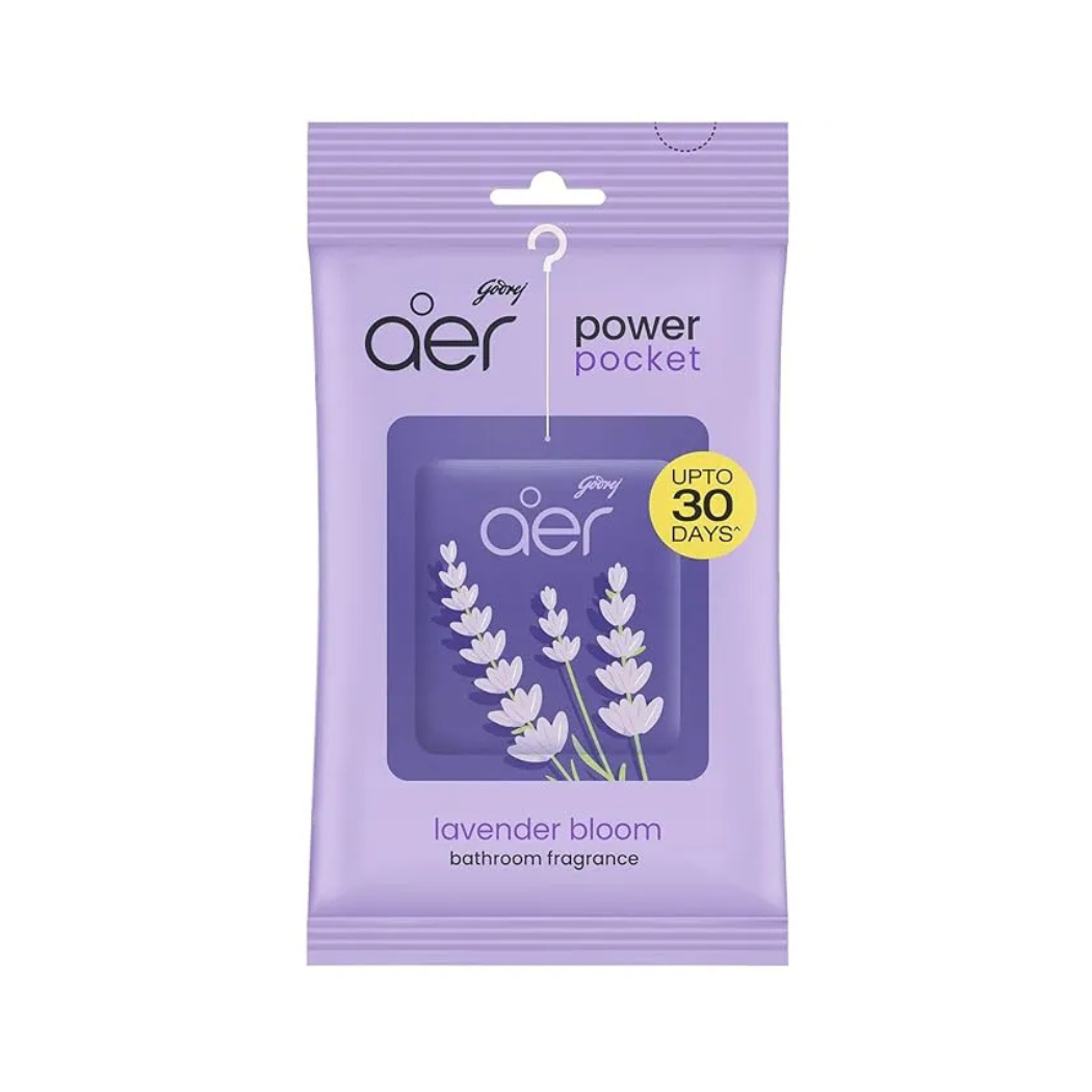 Purple packaging of Godrej aer power pocket lavender bloom bathroom fragrance on a white background