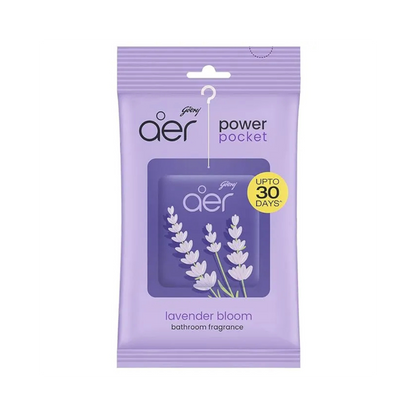 Purple packaging of Godrej aer power pocket lavender bloom bathroom fragrance on a white background
