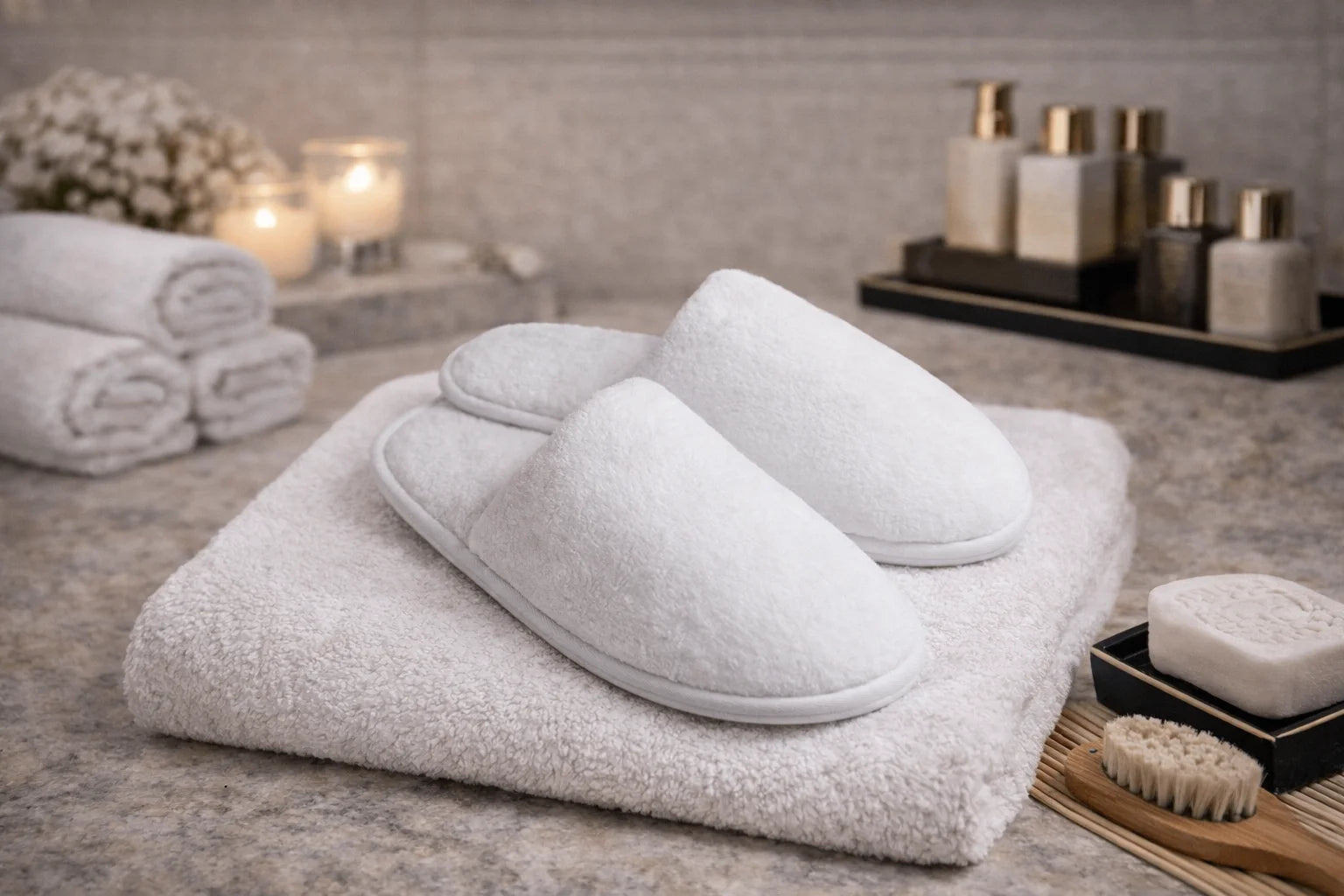 White slippers on a towel with bath products in the background
