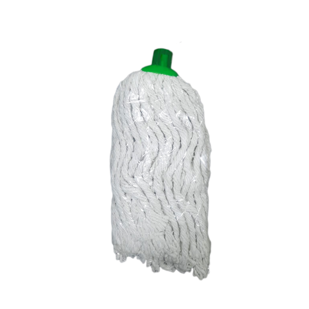White mop head with green handle on a white background