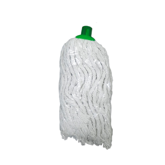 White mop head with green handle on a white background