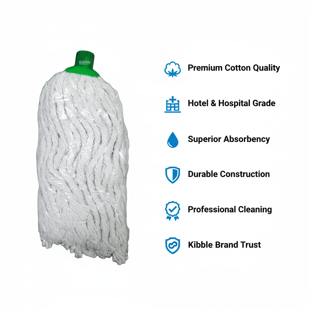 Kibble Cotton Round Mop - Premium quality professional cleaning mop for hotels, hospitals, offices, commercial facilities in Nepal. Superior absorbency, durable cotton construction. Kibble brand India. Wholesale supplier Rajdhani Trade Hub Kathmandu.