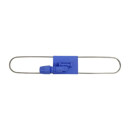 Blue plastic clip with a metal loop on a white background