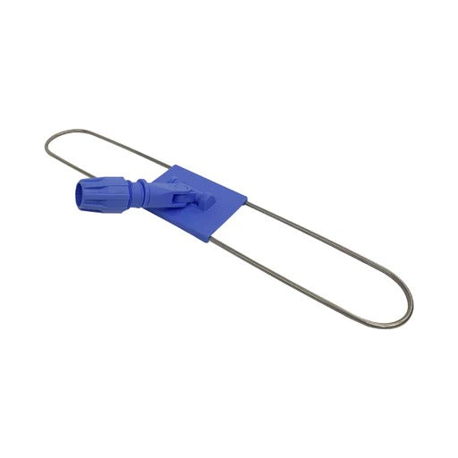 Metallic clip with blue plastic housing on a white background