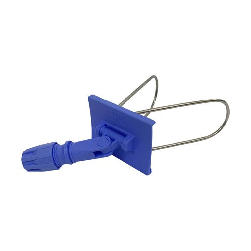 Blue plastic tool with metal component on a white background