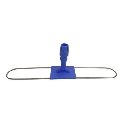 Blue cleaning tool with a square pad and metal frame on a white background