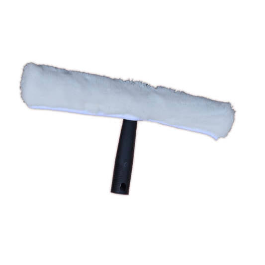 Kibble window washer with soft microfiber cleaning head attached to handle for washing large glass windows