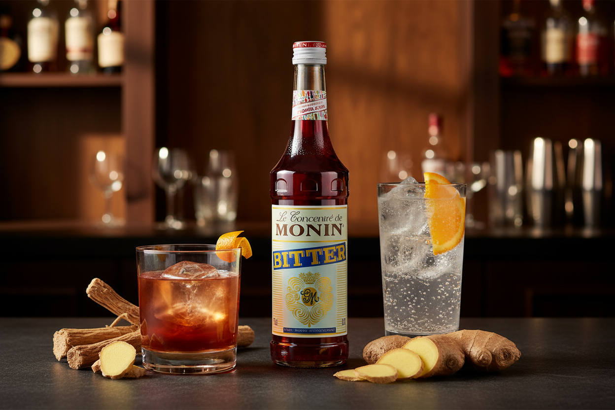 Monin Bitter Concentrate 700ml Le Concentré de MONIN Bitter gorgeous deep red liquid gentian ginger professional cocktail bitters Negroni Americano aperitif mixology non-alcoholic Nepal wholesale Kathmandu bars HORECA