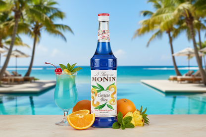 Monin Blue Curacao Syrup 1L glass bottle vibrant electric deep blue orange citrus premium French syrup Blue Lagoon cocktails tropical drinks non-alcoholic Nepal wholesale Kathmandu HORECA poolside resort bars hotels