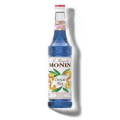 Monin Curacao Bleu syrup bottle on a white background