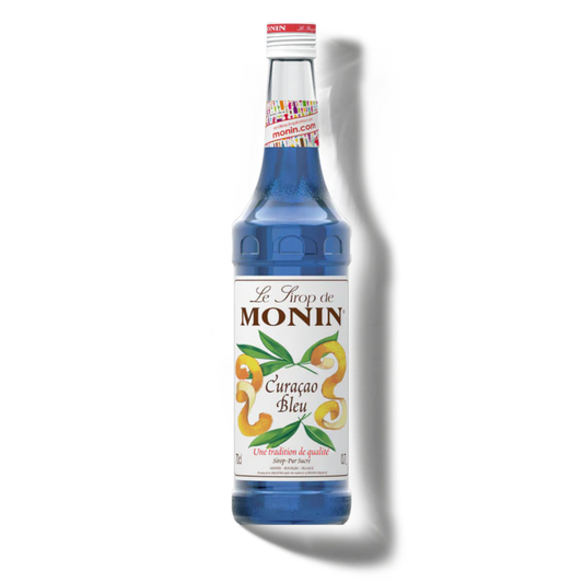 Monin Curacao Bleu syrup bottle on a white background
