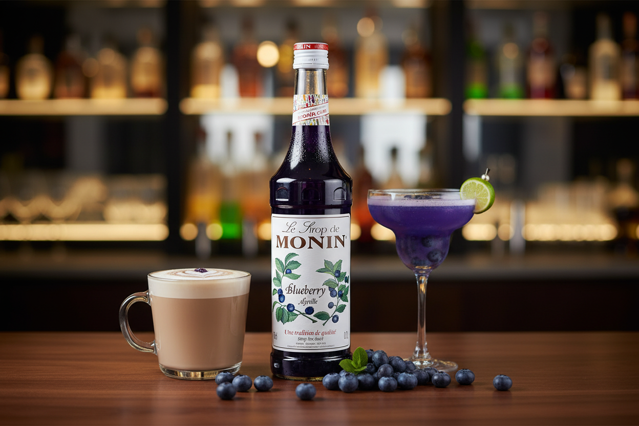 Mionin blueberry syrup bottle with a cup of coffee and a purple cocktail on a bar counter.