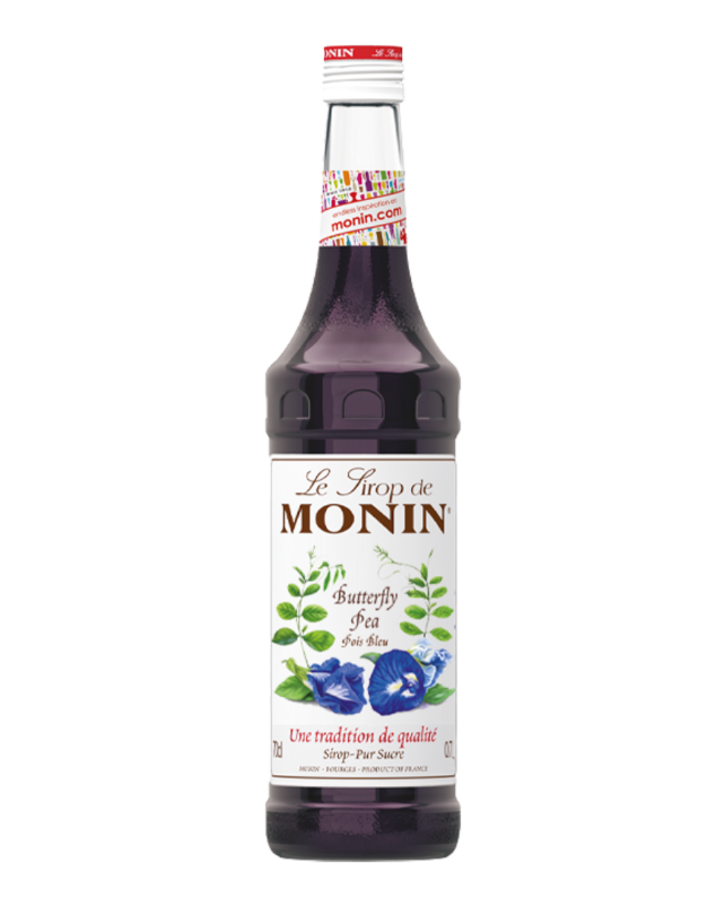 Monin butterfly pea syrup bottle on a white background