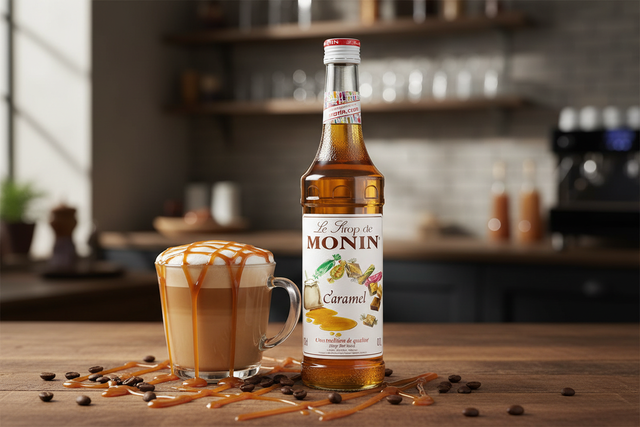 Monin Caramel Syrup 1L glass bottle rich golden amber caramel premium French syrup caramel macchiato latte coffee drinks dessert beverages Nepal wholesale Kathmandu HORECA coffee shops cafes barista