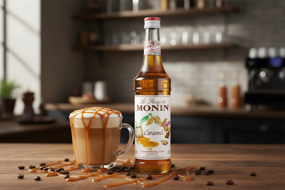 Monin Caramel Syrup 1L glass bottle rich golden amber caramel premium French syrup caramel macchiato latte coffee drinks dessert beverages Nepal wholesale Kathmandu HORECA coffee shops cafes barista